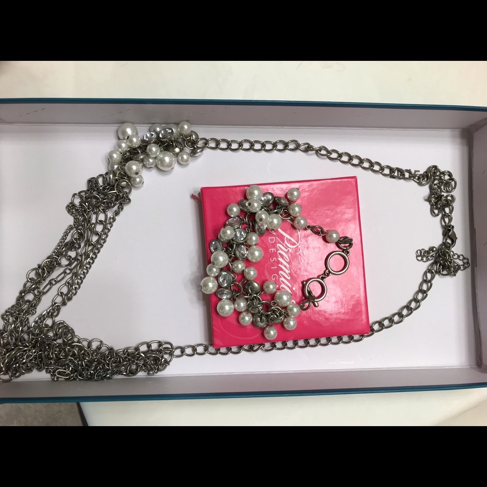 Long silver and pearl necklace and bracelet set